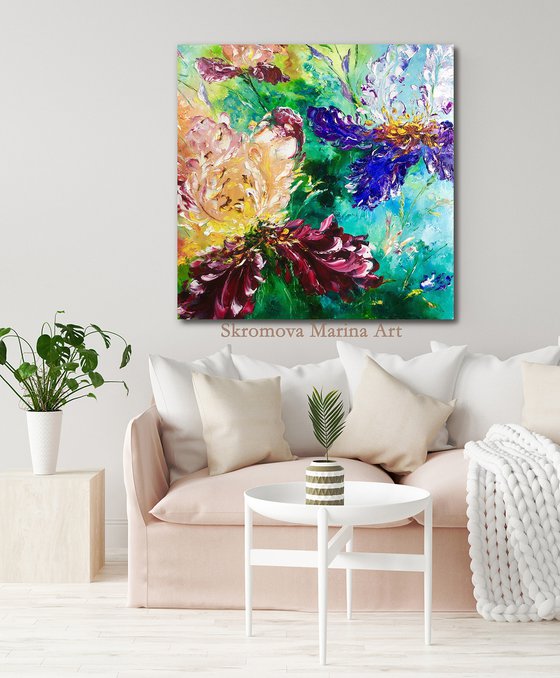 COLORFUL IRISES - Colored irises. Flower landscape. Beautiful abstraction. Large. Room decoration. Wonderful. Special.