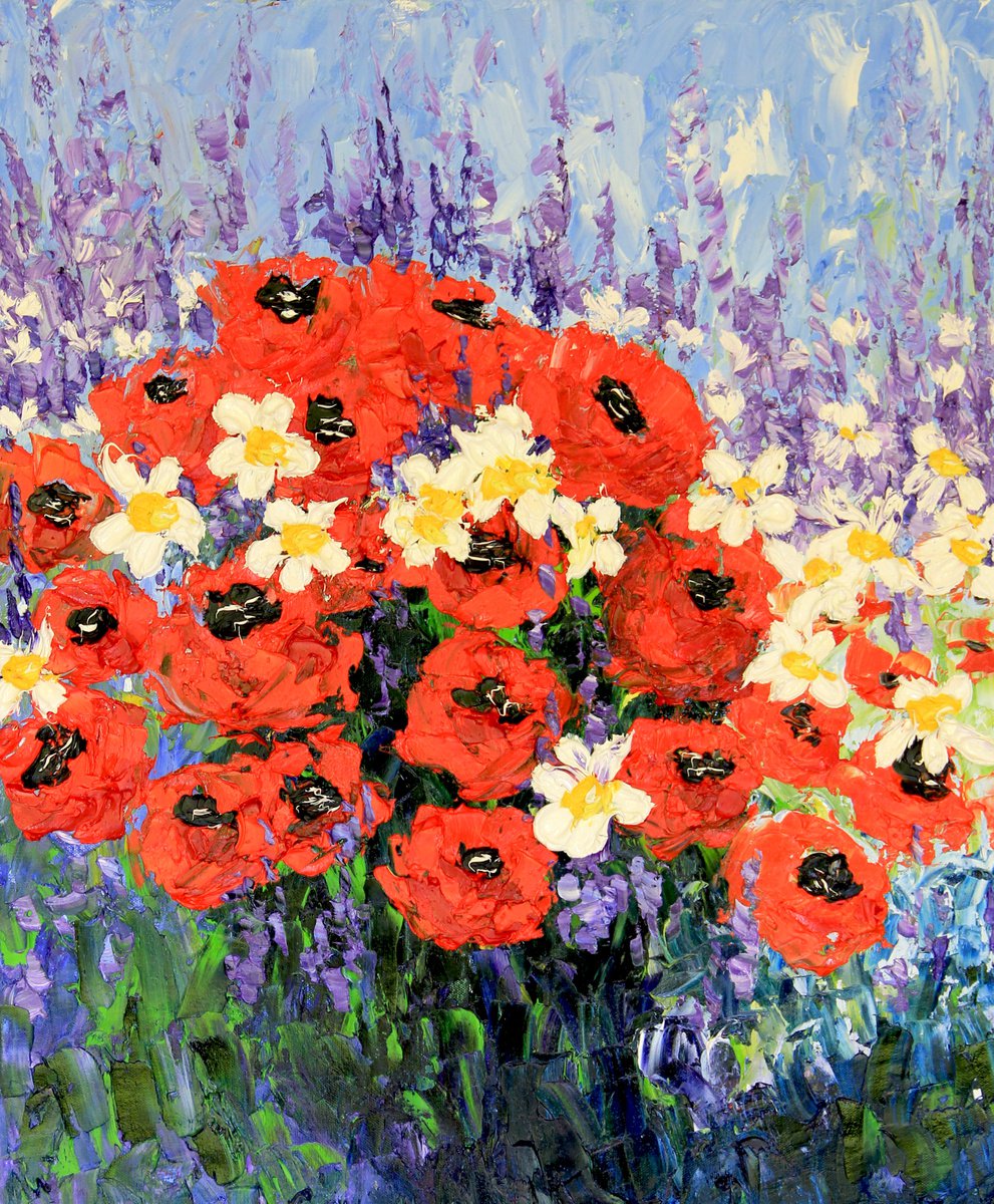 Wildflowers Poppies and daisies Original Oil painting by Olya Shevel