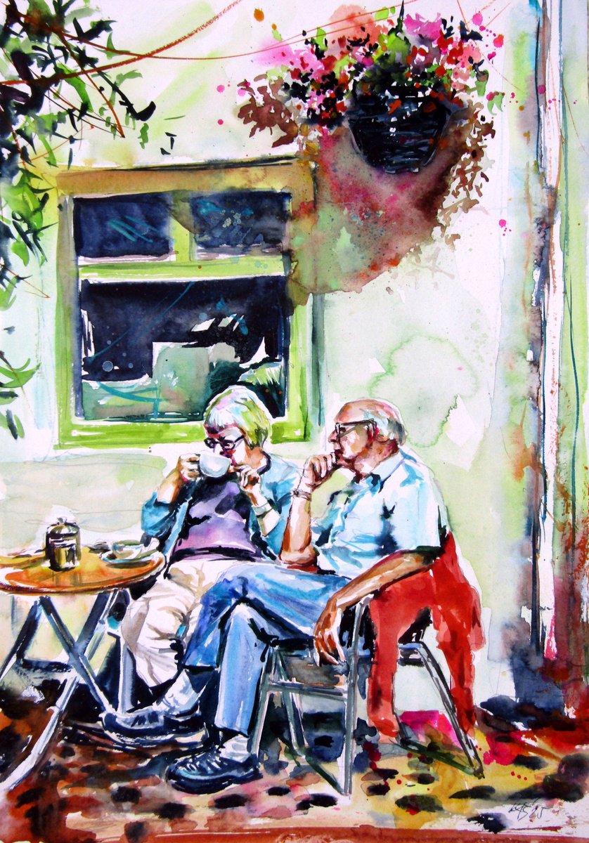 Impressionistic Watercolour , Coffee Time By Kovacs Anna Brigitta, 12 X 17, Artwork For Sale On Artfinder
