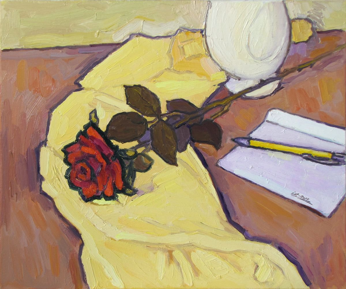 The Rose on Yellow Tablecloth-2 by Ivan Kolisnyk