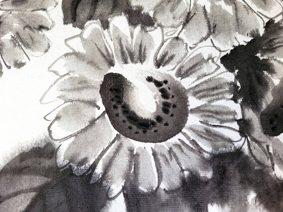 Monochromatic ink sunflowers and red ladybug - Oriental Chinese Ink Painting