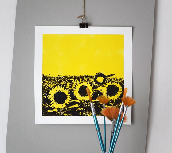 Yellow Sunflowers Field, handmade linocut art print, 2023, Open Edition.