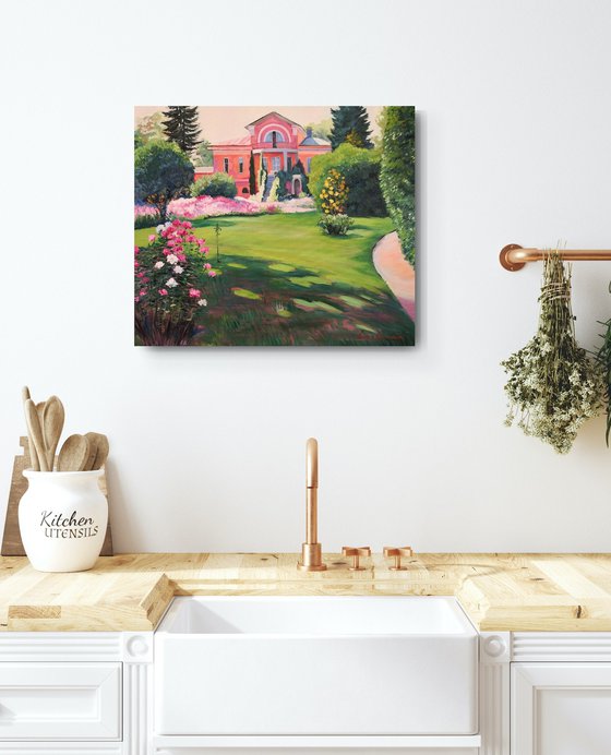 Impressionist landscape with a Manor and a Garden full of roses