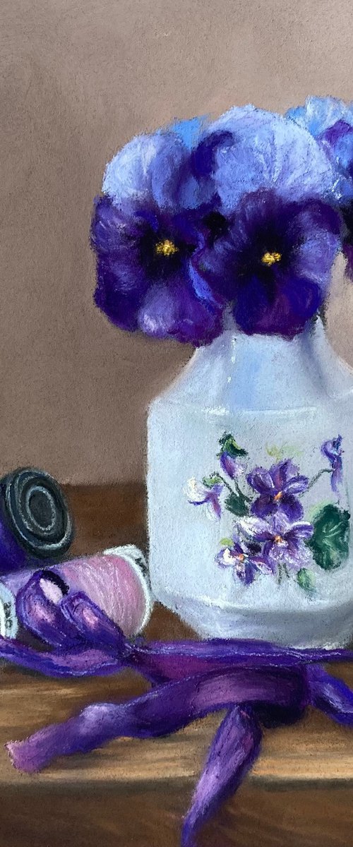 Violets, ribbon and cotton reels by Candice Rouse