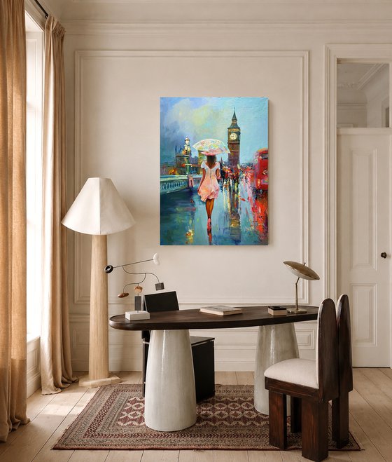 London Rain — Big Ben Cityscape with Umbrella