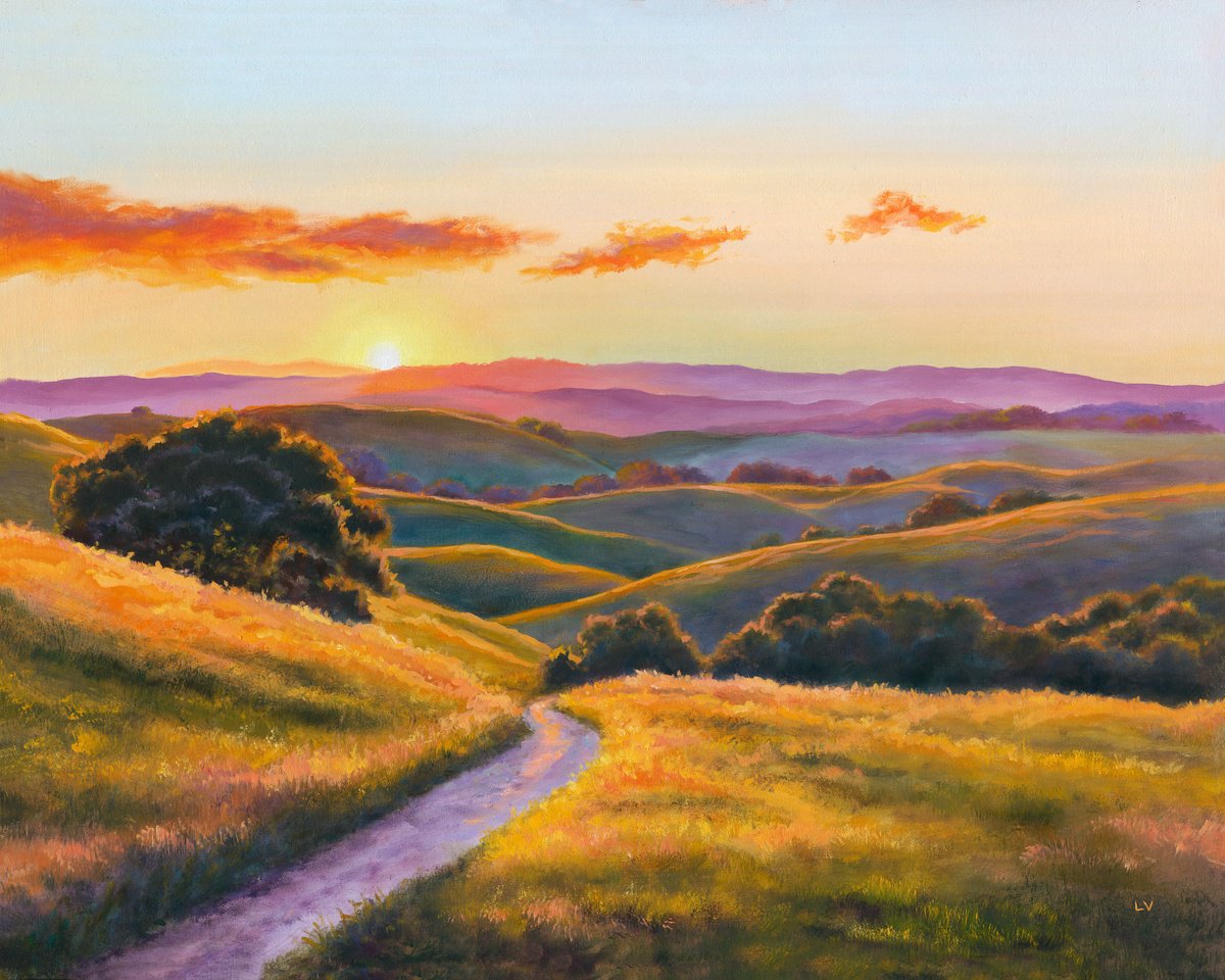 Photorealistic Landscape Oil Painting By Lucia Verdejo, 21 X 17", California Hills At Sunset, Original Artwork