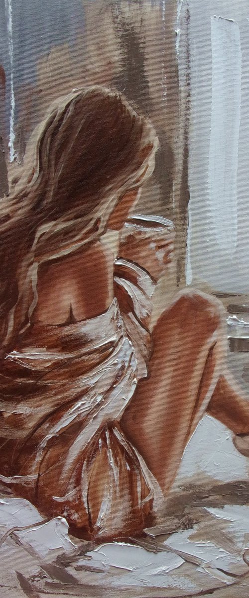 " COZY ... " COFFEE lover original painting window FALL AUTUMN palette knife GIFT brown by Monika Luniak
