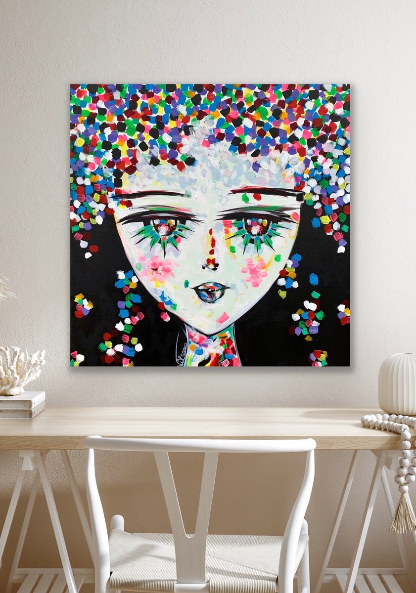 Urban And Pop Portrait Acrylic Painting By Veronica Vilsan, 31 X 31", Devi, Original Artwork