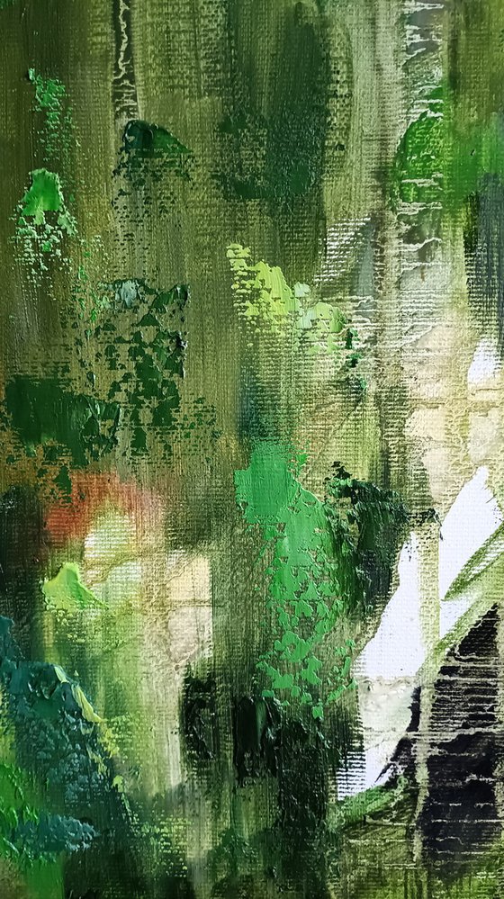 Drowning in greenery - abstraction, oil, original oil painting on canvas, drips painting, green colors, impressionism
