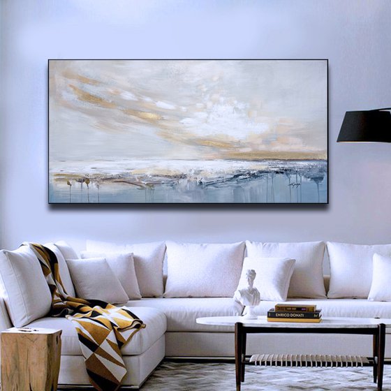 Peaceful - Sky Sea Abstract Painting, Original Modern Art, Gold Leaf Soft Colors Modern Textured Painting, Size: 48 x 28 inches (120 x 70 cm)