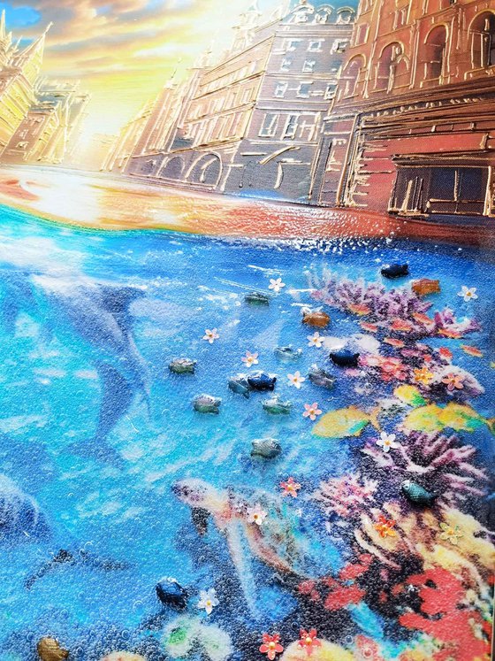 Flooding in city. Global warming. Dolphins under water, sea bottom seascape marine. Fantasy art.