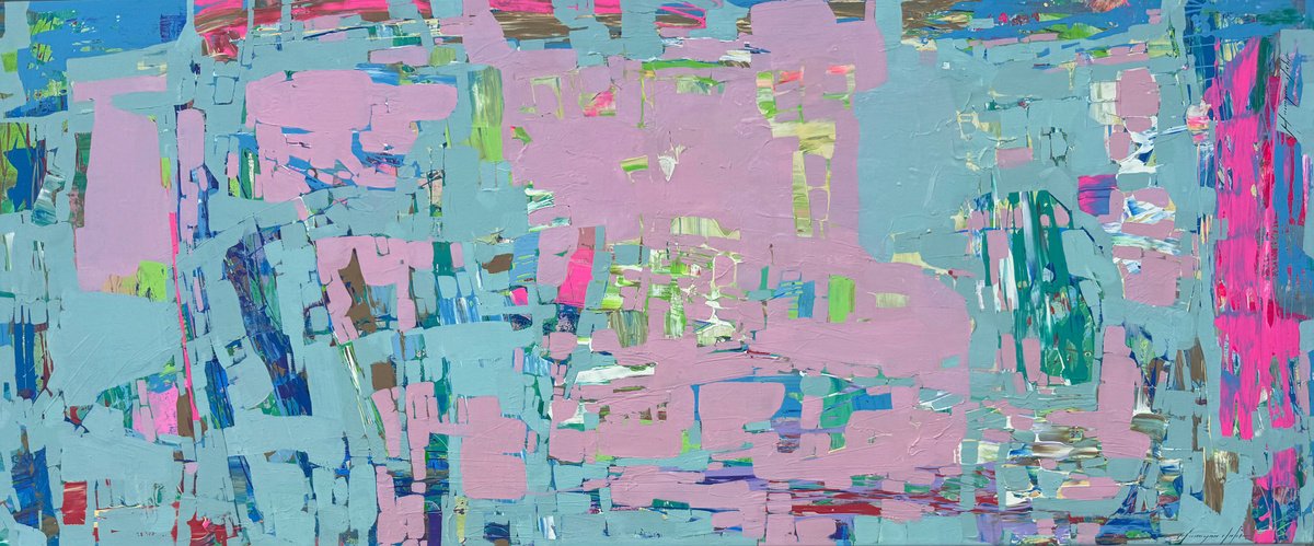 Abstract Oil Painting By Vahe Yeremyan, 69 X 30", Turquoise Drift, Original Artwork