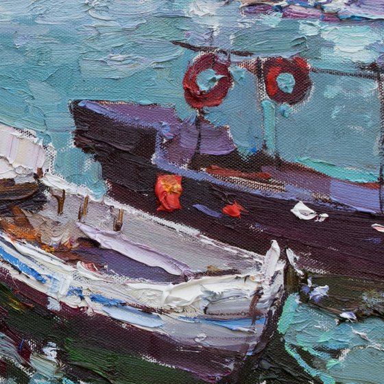 Boats in the bay - Original oil painting