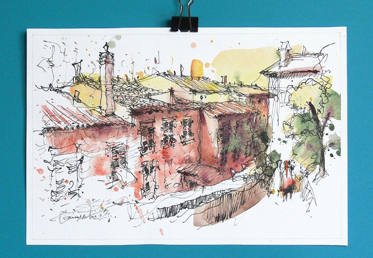 Impressionistic Cityscapes Watercolour By Marin Victor, 11 X 7", Tuscany, Watercolor Landscape., Original Artwork