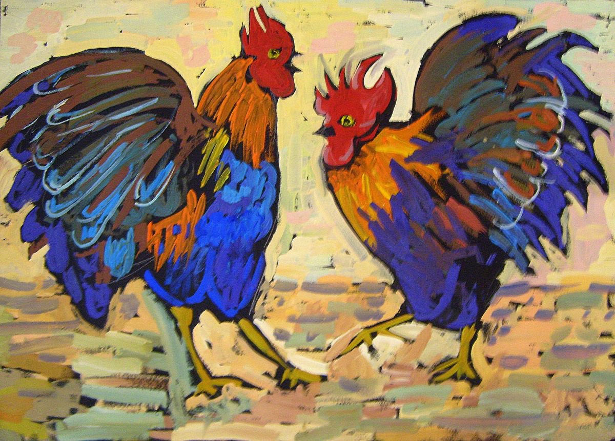 Roosters Song. 2017 Year of the rooster, 50x70 cm by Nastasia Chertkova