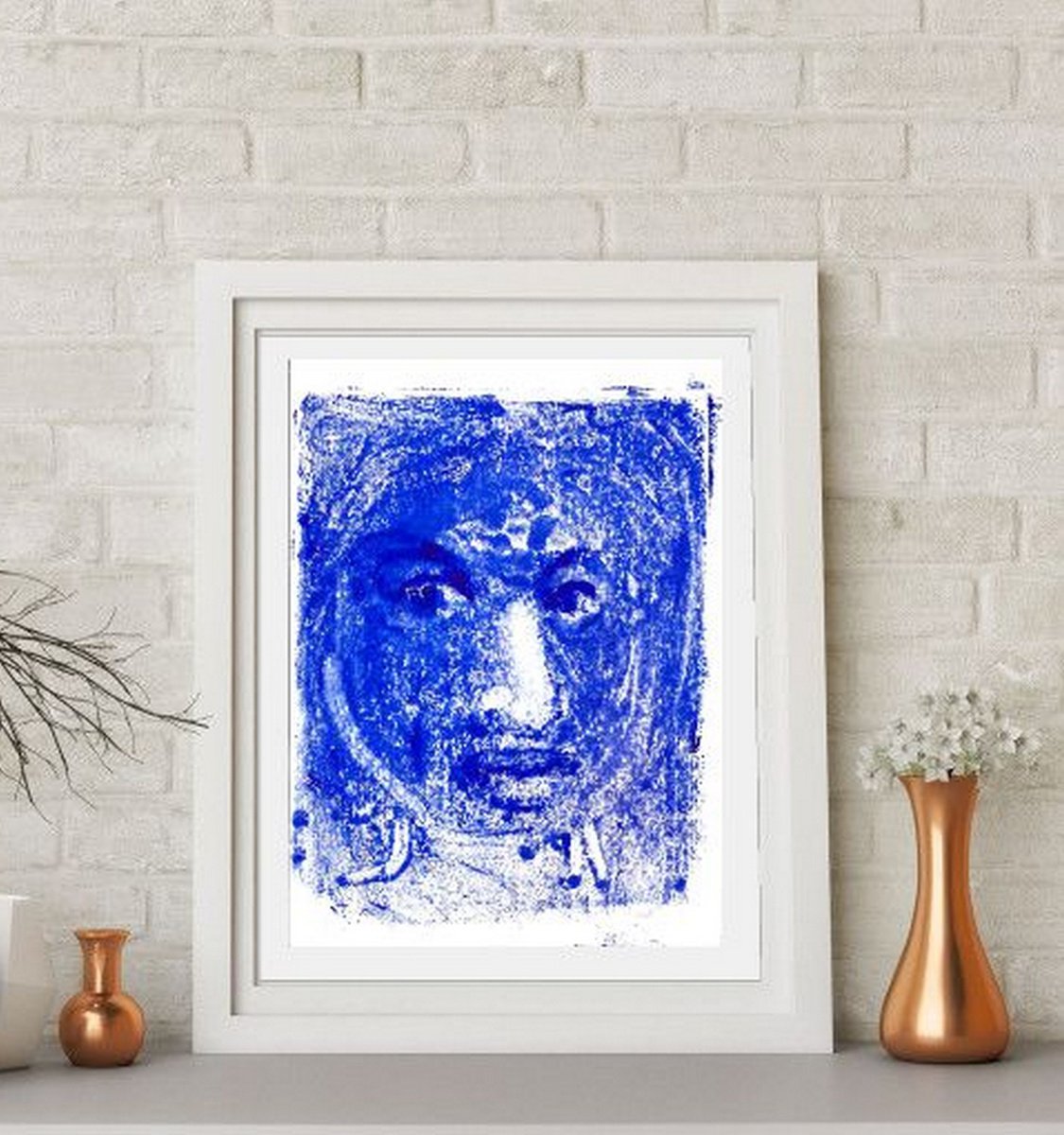 Portrait of a Woman Blue Face - One of a kind Print on paper 11.25x 8.25 by Asha Shenoy