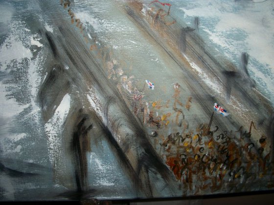 The Queen's Diamond Jubilee Thames Procession, The Royal Boat passing Tower Bridge. (Oil on Canvas 40x40 inch)
