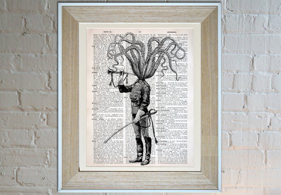 Octopus Soldier - Collage Art Print on Large Real English Dictionary Vintage Book Page