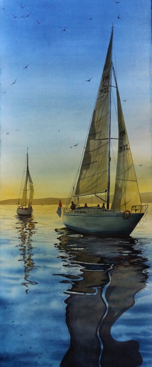 "Yachts" 2022 Watercolor on paper 90X30 by Eugene Gorbachenko
