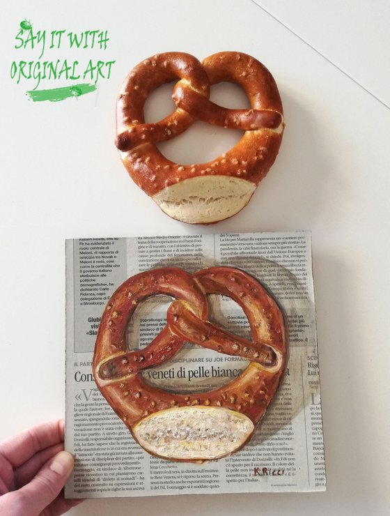 "Pretzel on Newspaper" Original Oil on Wooden Board Painting 8 by 8"(20x20cm)
