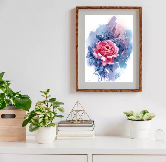 "Pearl" original watercolor of an English garden pink rose