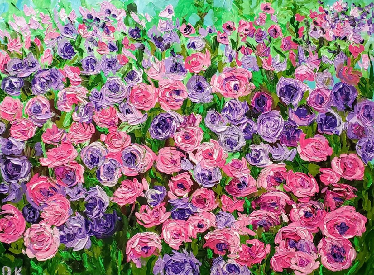 Impressionistic Landscape Acrylic Painting By Olga Koval, 32 X 24", Field Of Happyness, Original Artwork