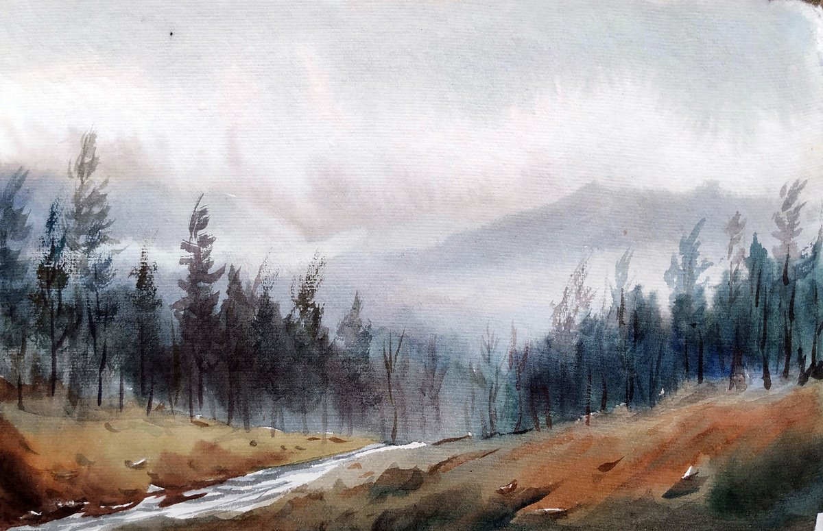 Impressionistic Landscape Watercolour By Samiran Sarkar, 11 X 7", Cloudy Sunset Mountain Forest, Original Artwork