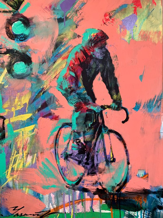 Bright painting - "City cyclist" - Urban Art - Pop Art - Bicycle - Street Art - Pink&Green - City - Street scene