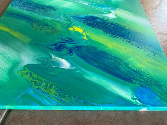 "Is My Reality Running?" - Original Abstract PMS Fluid Acrylic Painting on a Recycled Desk Panel - 23.5 x 14.5 inches