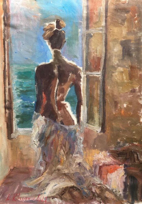 Nude oil painting Girl looking at the window view 28", impression nude painting, handmade art, Free Shipping