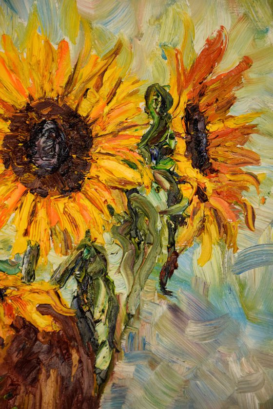 Sunflowers palette knife impasto oil painting on canvas