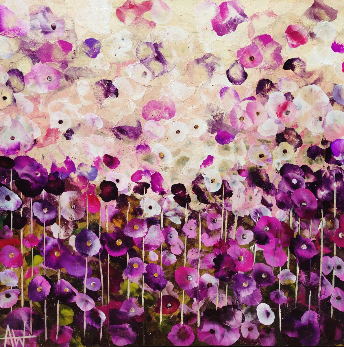 Expressive Botanical Acrylic Painting By Angie Wright, 31 X 31, Fuchsia Petal Dance, Original Artwork