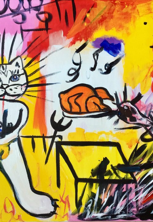 Rice with Chicken version of famous painting by Jean-Michel Basquiat with cats by Olga Koval