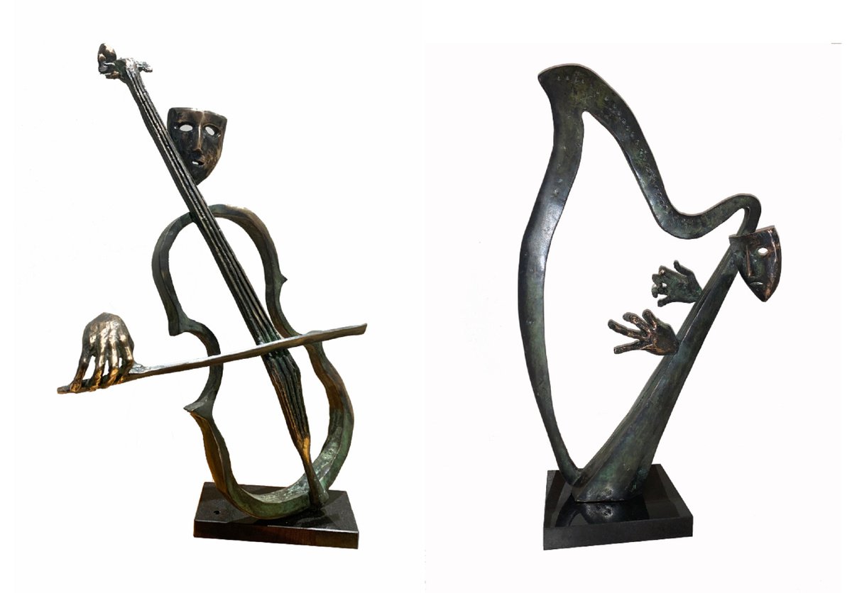 Diptych sculpture: Cellist + Harp player by Toth Kristof