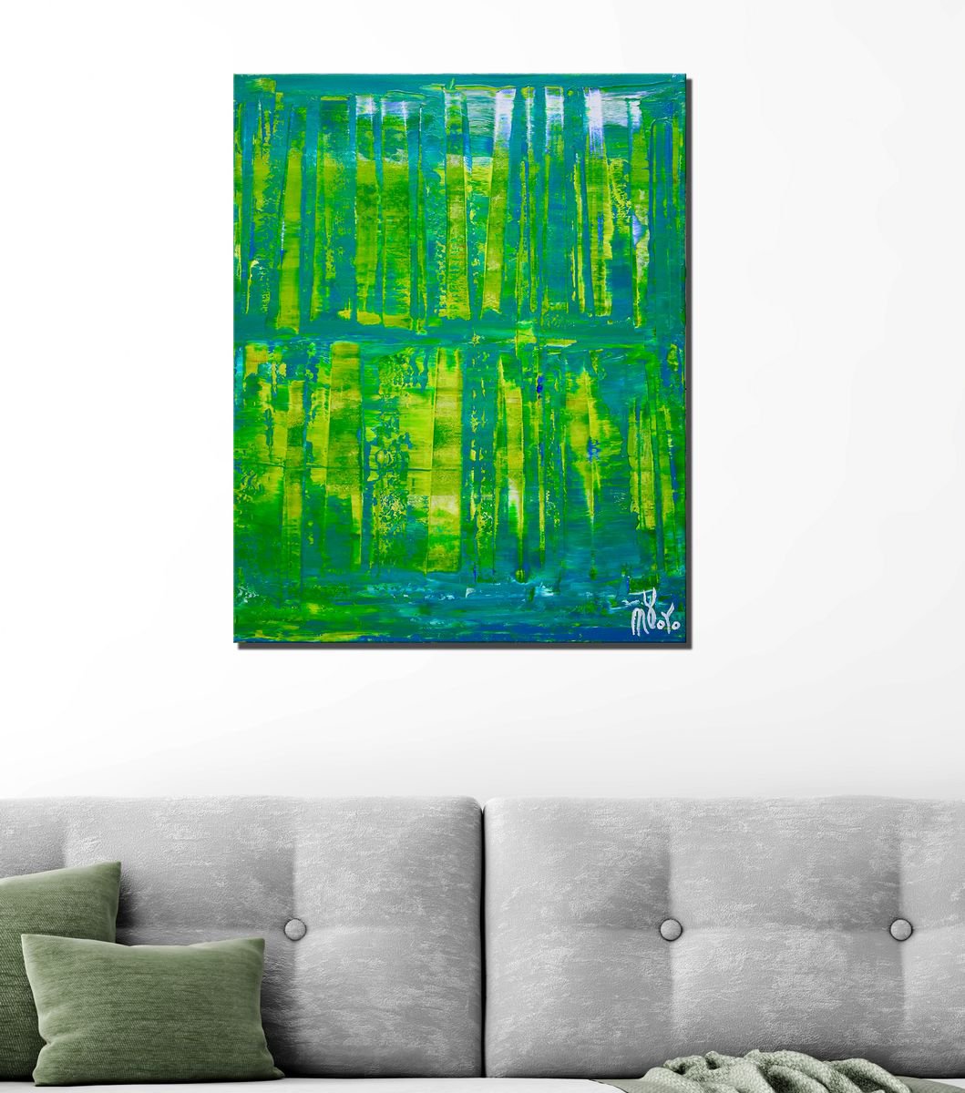 Abstract Acrylic Painting By Nestor Toro, 16 X 20", Dimensional Green 3, Original Artwork