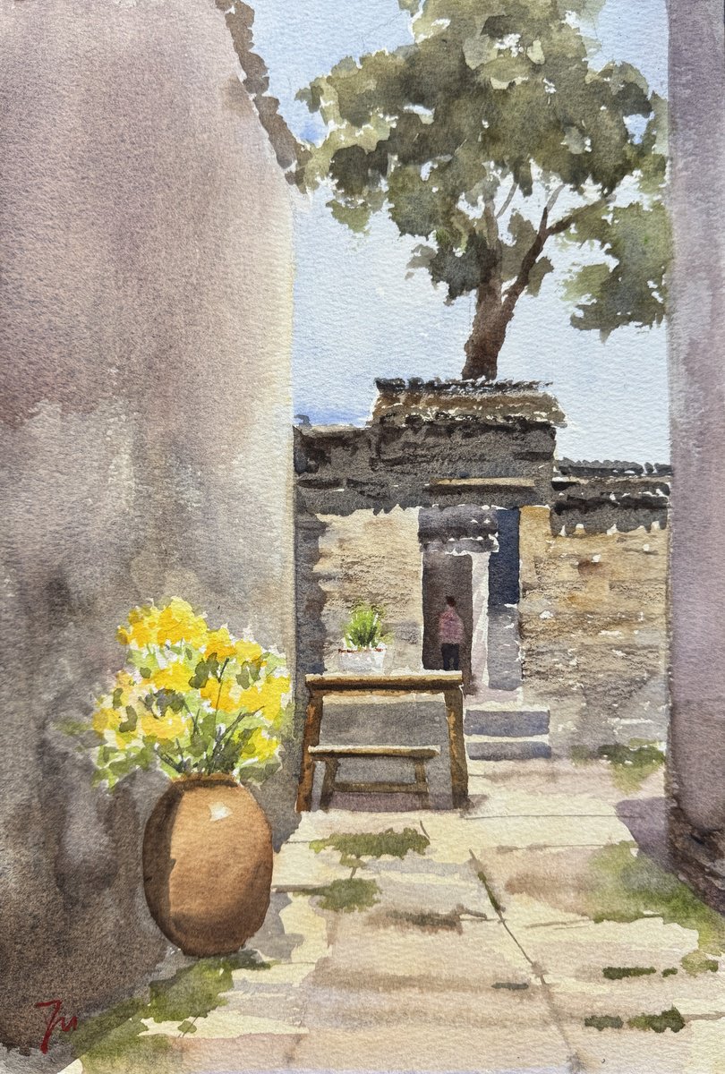 Impressionistic Cityscapes Watercolour By Shelly Du, 8 X 12", Farm House With Spring Flowers, Original Artwork