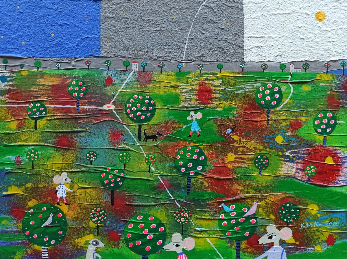 Impressionistic Animal Acrylic Painting By Katrina Avotina, 16 X 12", Excitement All Around, Original Artwork