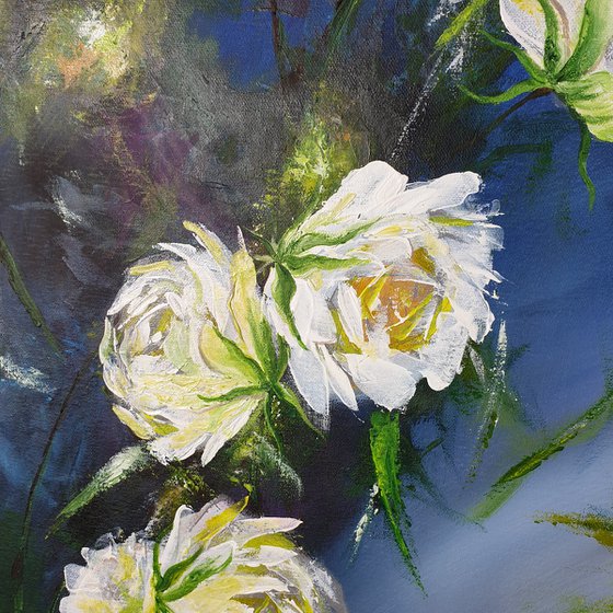 Trailing roses II Large Original Acrylic Painting Flower Artwork White Roses on Dark Background Large abstract Flowers