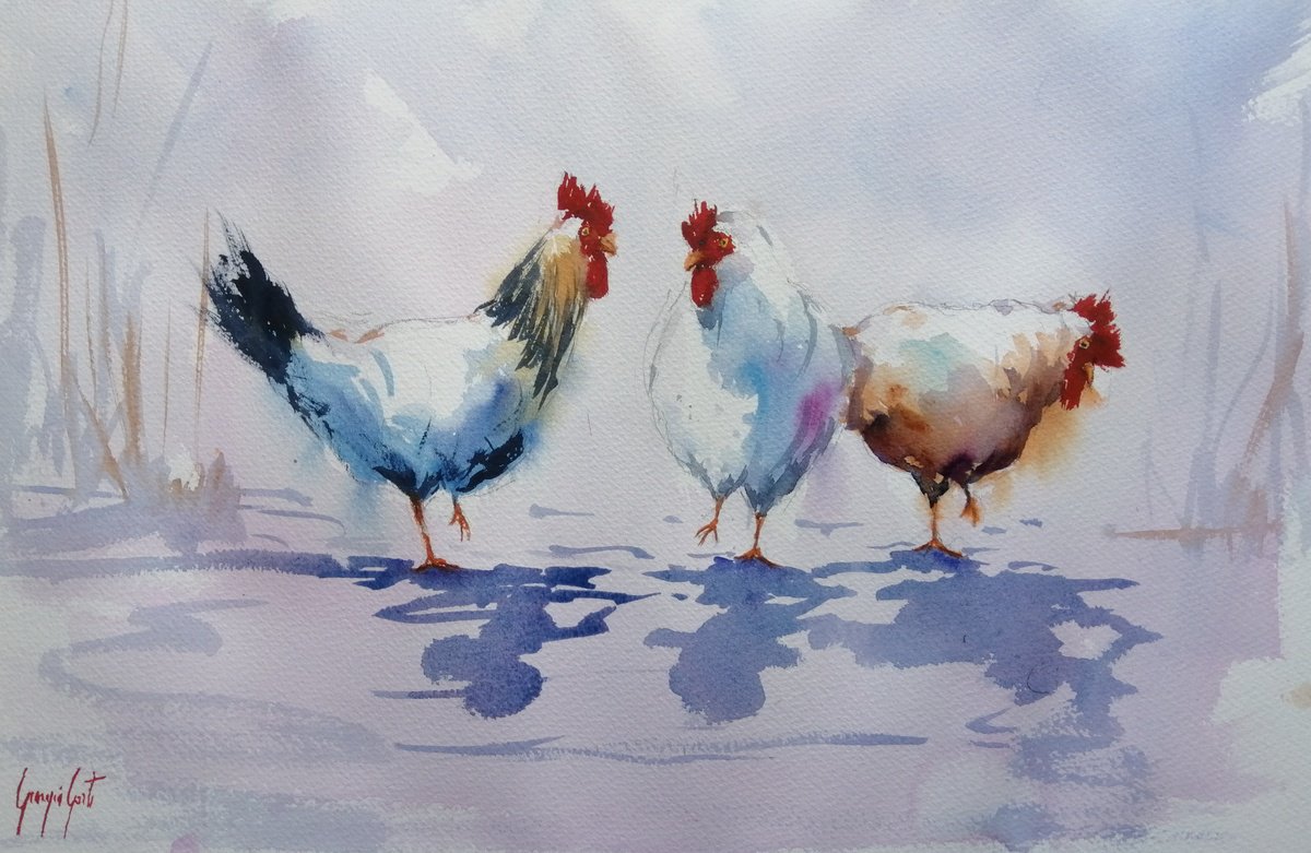 Impressionistic Watercolour , Roosters And Hens 10 By Giorgio Gosti, 21 X 14, Artwork For Sale On Artfinder