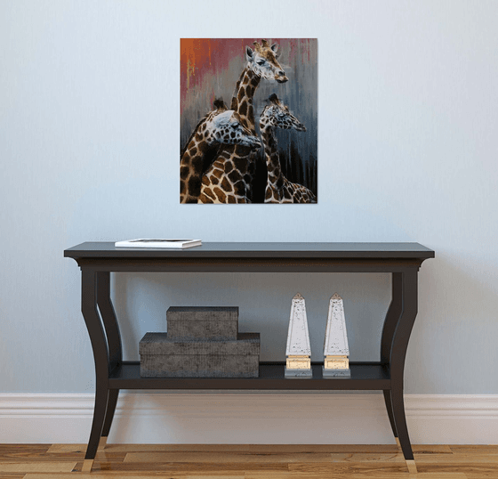 Giraffes in grey, original painting, orange