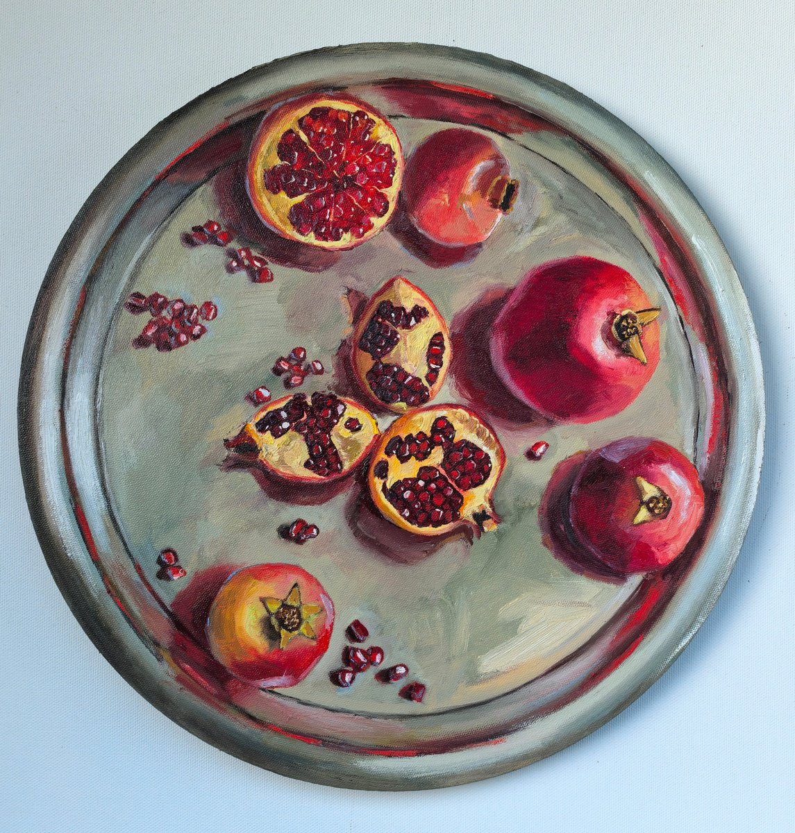 Impressionistic Still Life Oil Painting By Leyla Demir, 16 X 16", Pomegranates On Metal Try, Original Artwork