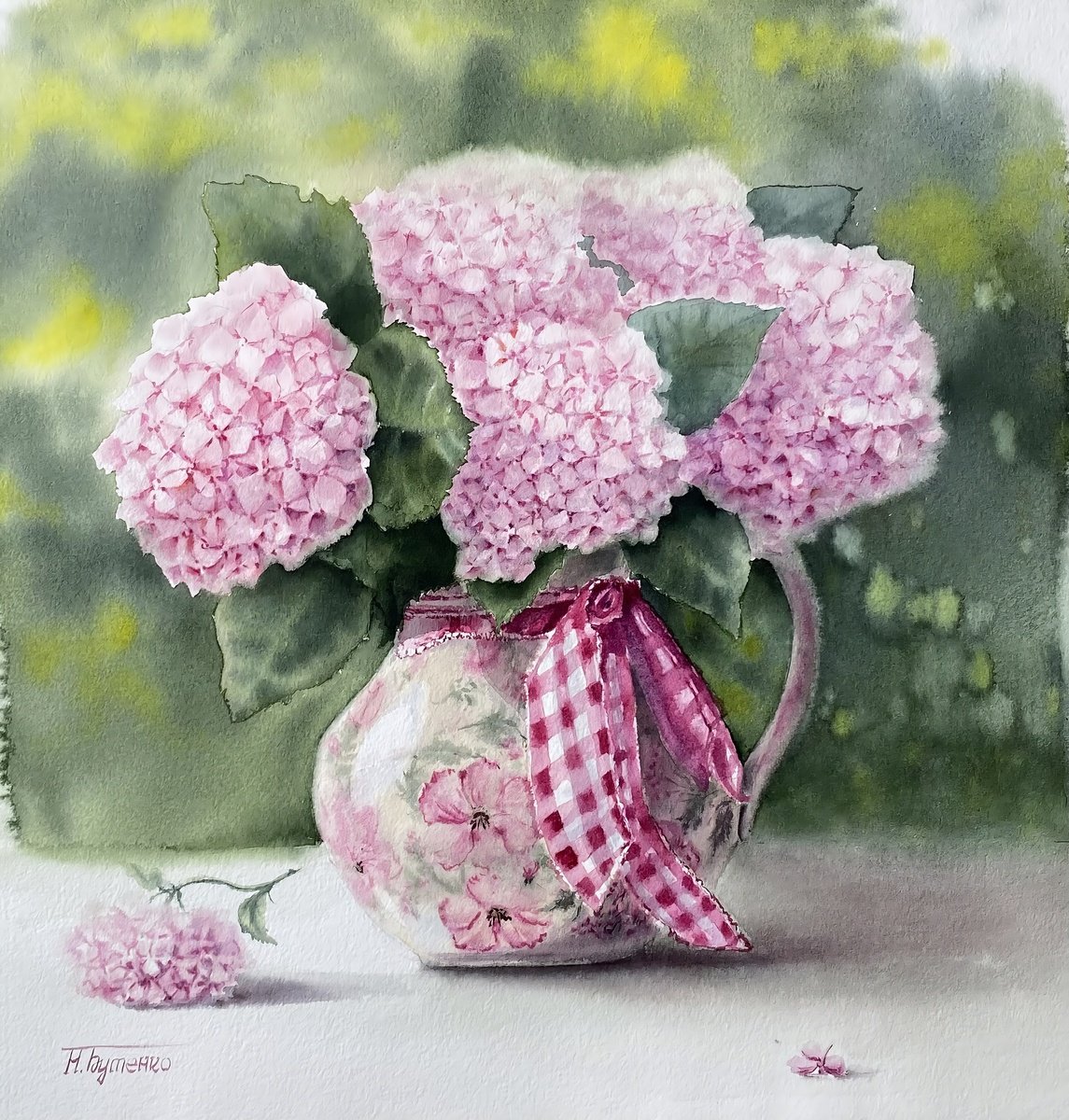 Illustrative Still Life Watercolour By Natalia Butenko, 13 X 14", Provence Style Hydrangeas, Original Artwork