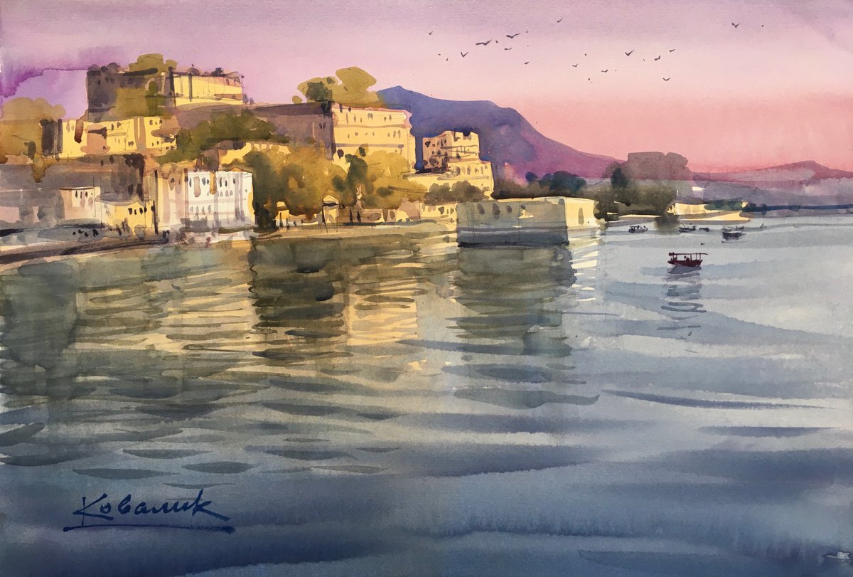 Impressionistic Landscape Watercolour By Andrii Kovalyk, 22 X 15, Indian Venice Udaipur, Original Artwork