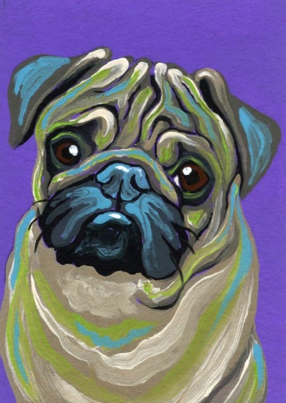 ACEO ATC Original Miniature Painting Colorful Pug Pet Dog Art-Carla Smale