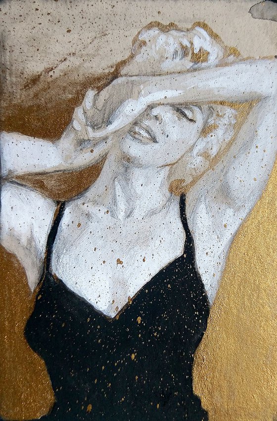 Golden Marilyn Monroe #2 / Realistic Pencil Portrait / Goddes /Qween /Realistic Pencil Mixed media modern Drawing/ Gold Black White / Gift idea