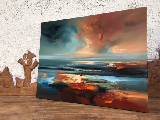 Silent arrival - 70 x 90 cm abstract landscape oil painting in blue and red