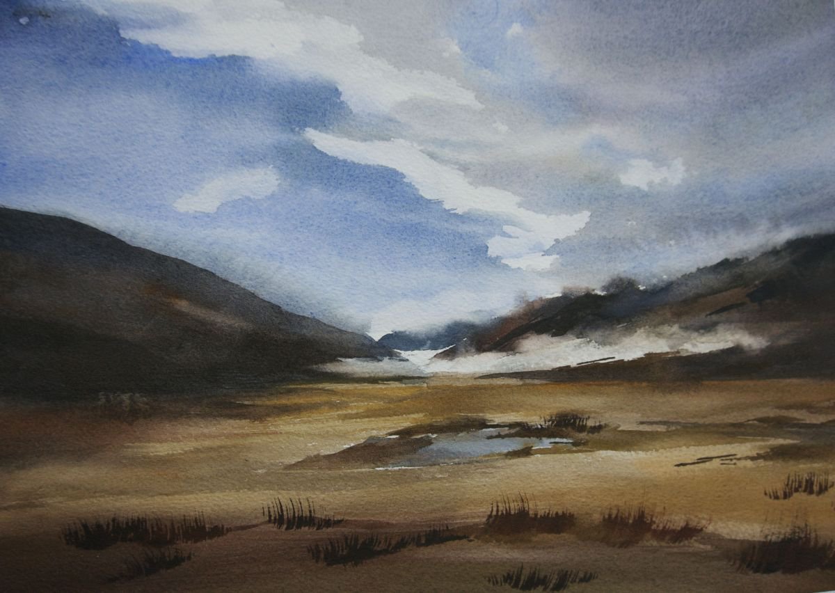 Impressionistic Landscape Watercolour By Jing Chen, 15 X 11, The Plains, Original Artwork