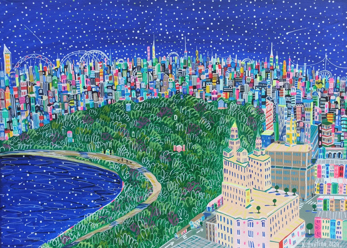 Impressionistic Cityscapes Acrylic Painting By Katrina Avotina, 28 X 20", Central Park Serenity, Original Artwork