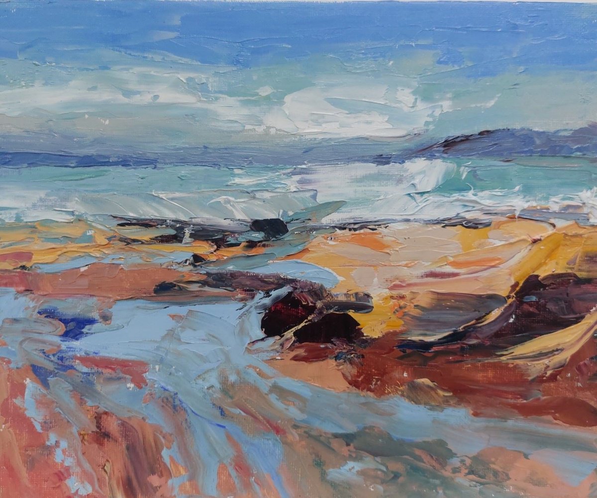 Expressive Landscape Oil Painting By Philippa Headley, 14 X 12", Lapping Waves, Original Artwork