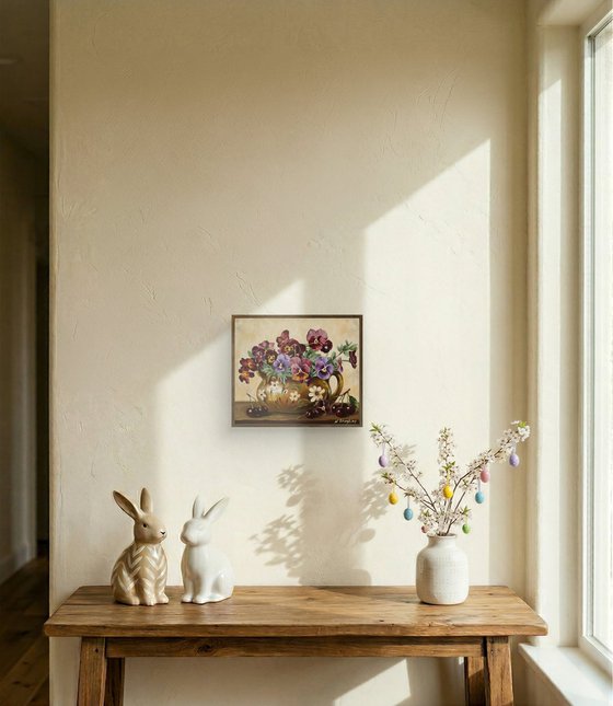 Pansies in Rustic Jug with Cherries